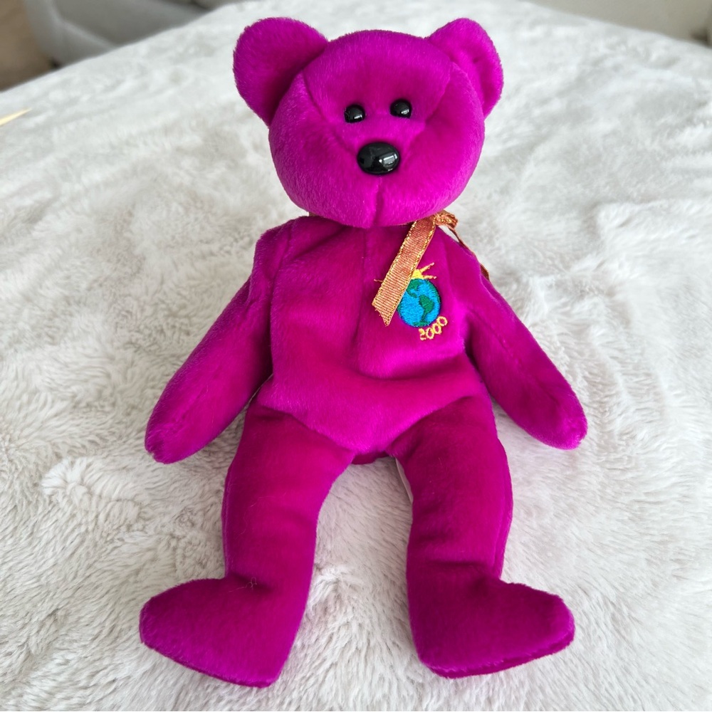 Ty Beanie Babies Millennium Bear 2000 Vintage Vibrant Purple with Gold Ribbon